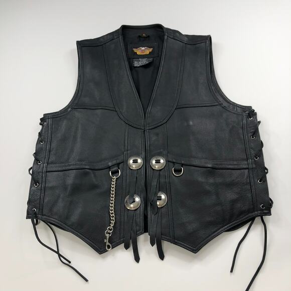 Harley Davidson Men's XL Leather Vest Side Laces Black MINT - Picture 1 of 11